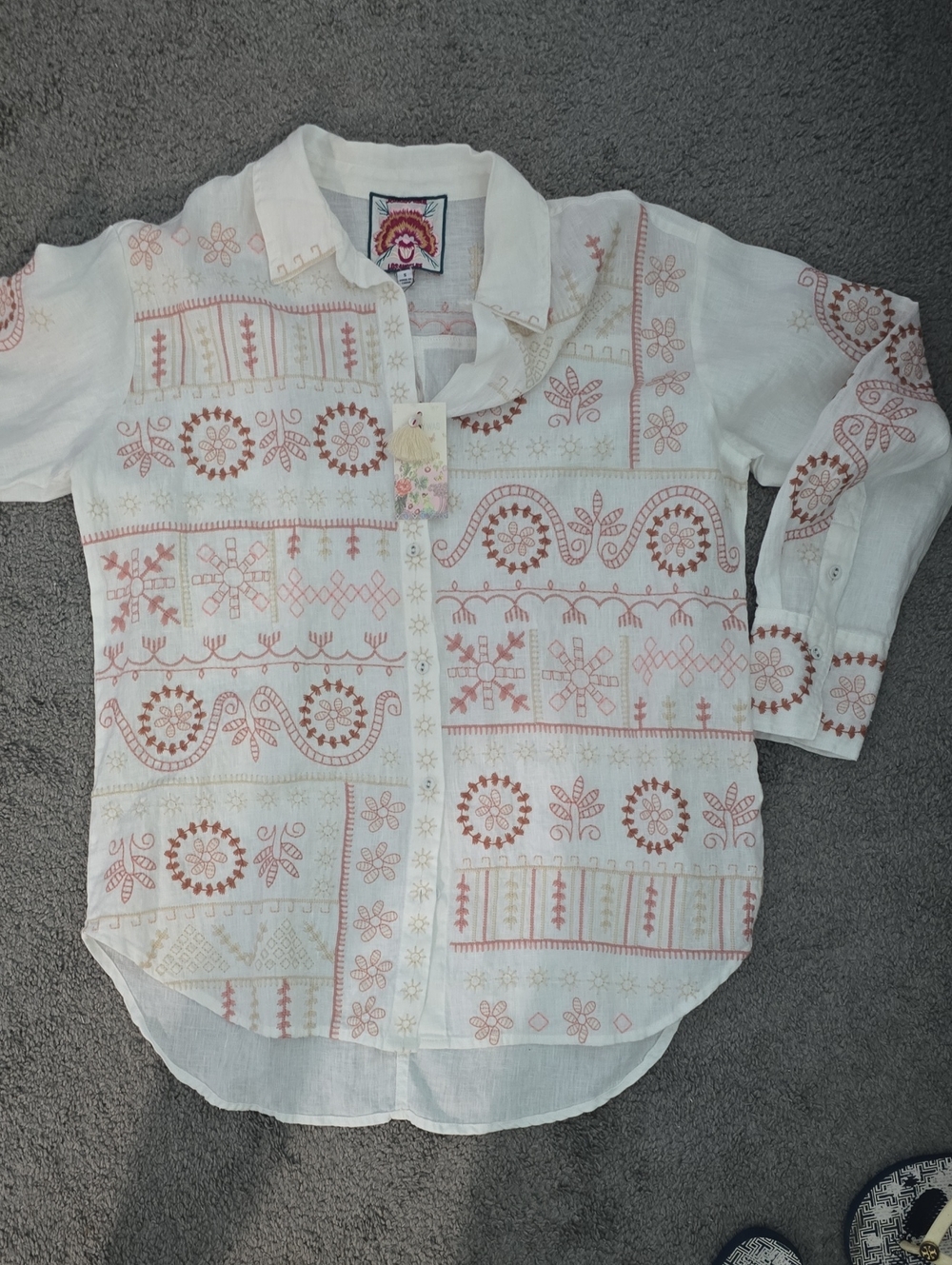Johnny Was White Button-Up Shirt with Peach Embroidery